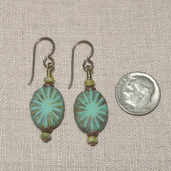 Hand Crafted Handmade Earrings Turquoise Oval Czech Glass Beaded Earrings - Picture 3 of 5